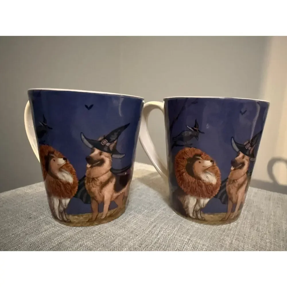 🎃🐶 Pier 1 Halloween Dog Mugs Set of 2 Ironstone 4.5” Double-Sided Design